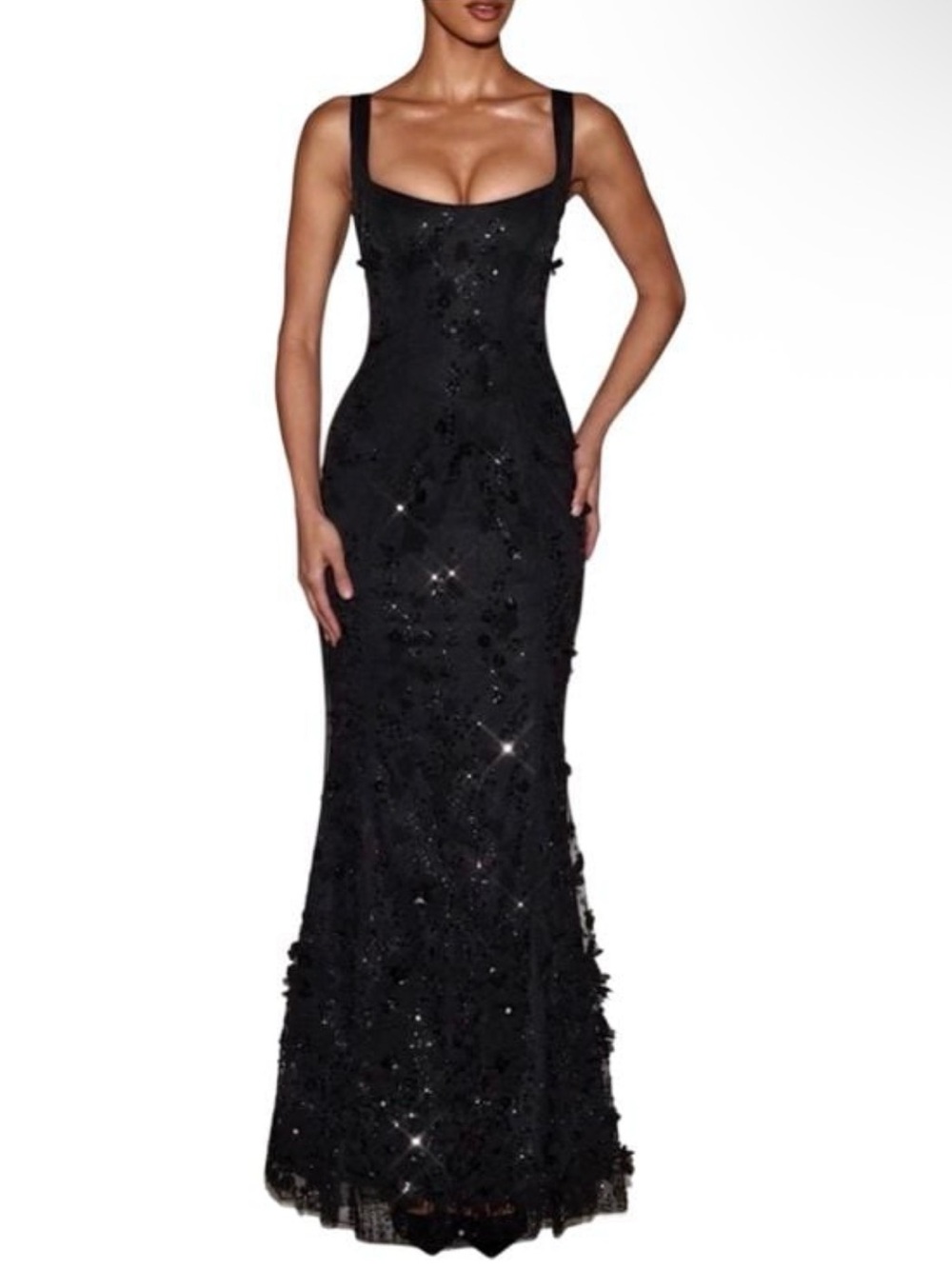 NEW Oh Polly Black Vasanta Embellished Floral Appliqué Fishtail Corset Gown